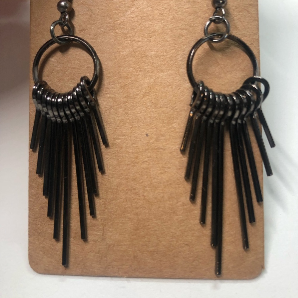 Drop earrings, dangle earrings.  Gun metal tone.
